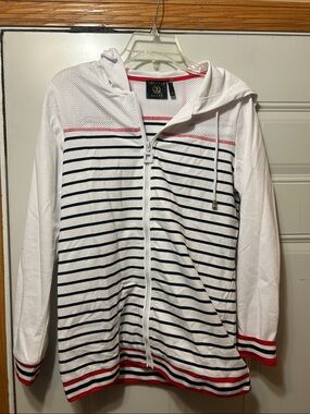 Vecceli‎ Italy White Hooded Zip Jacket with Navy & Red Stripes S